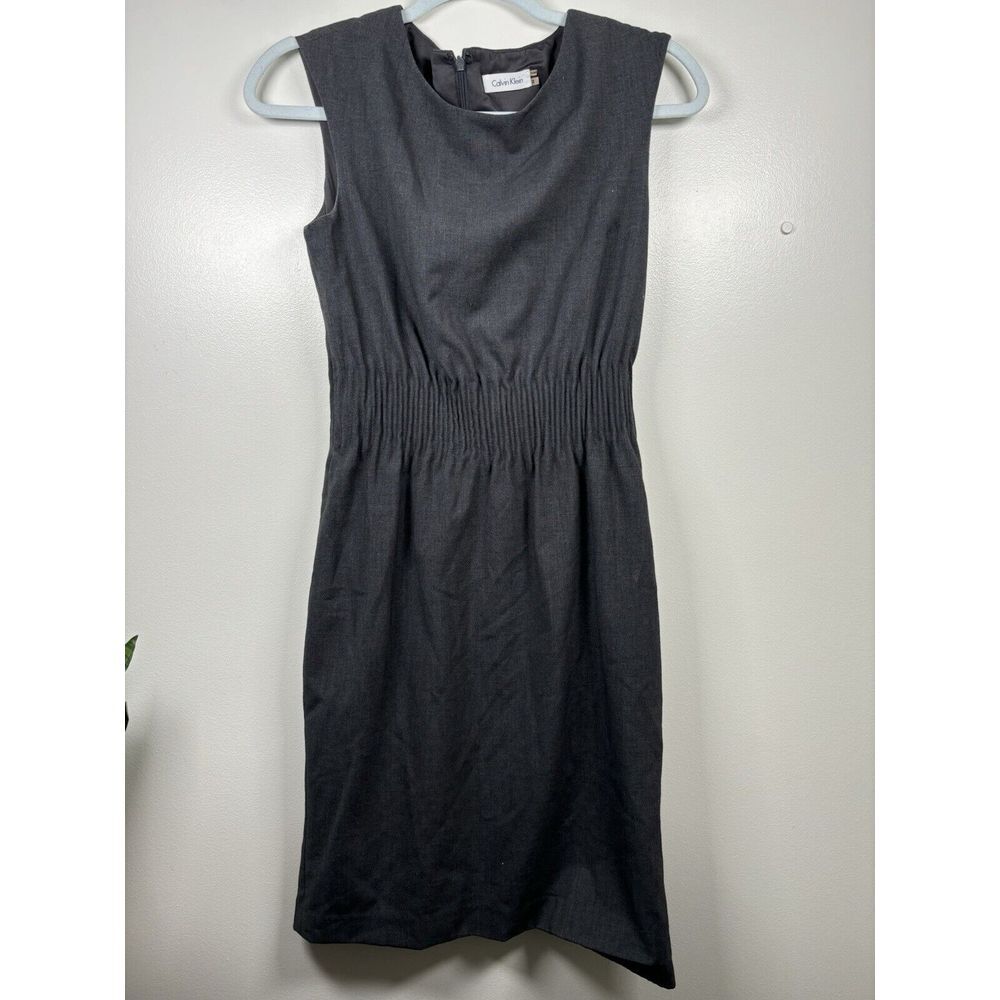 Calvin Klein Cap‎ Sleeve Collared Button Front Gray Woven Dress Size 2
